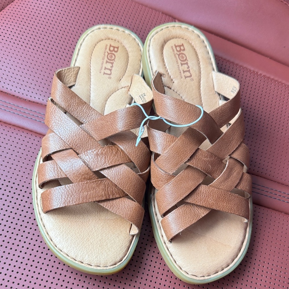Born Tan Leather Slide Sandals Womens Size 6
